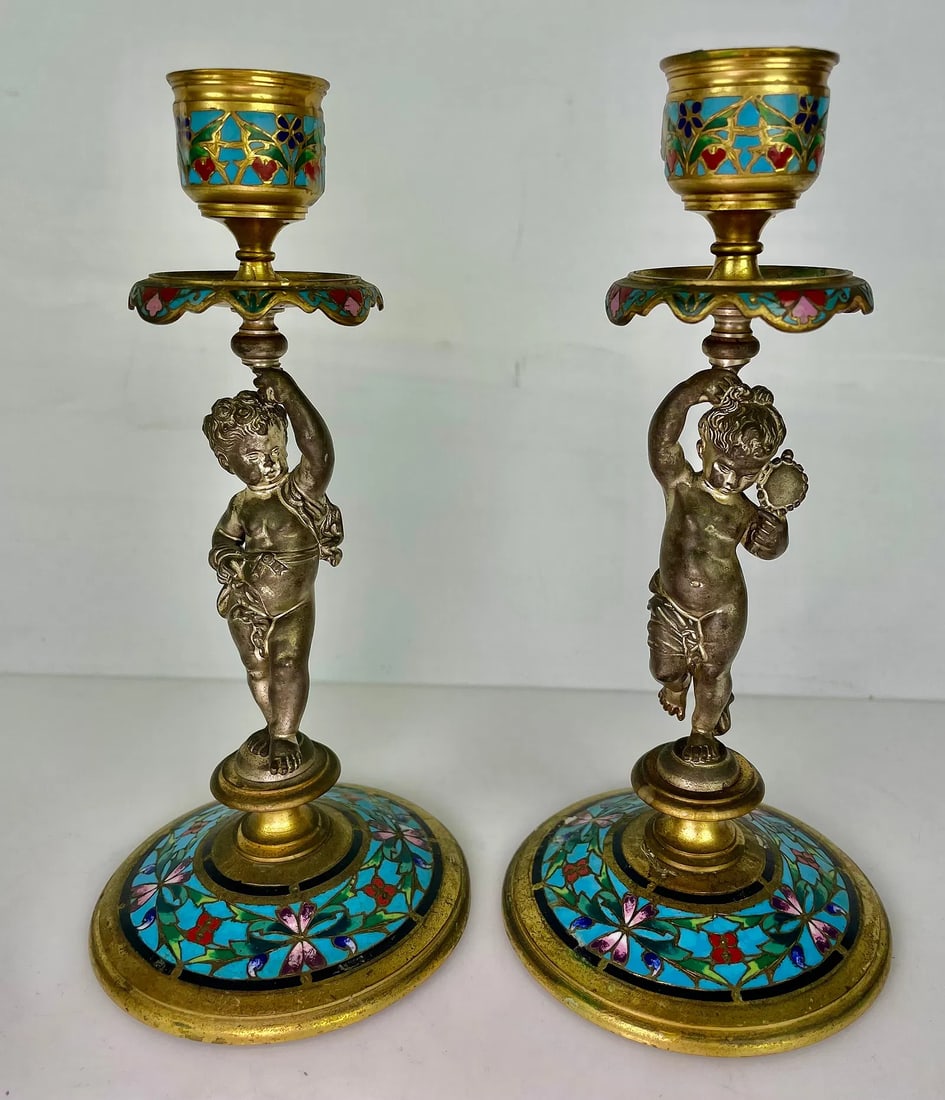 A PAIR OF 19TH C. FRENCH CHAMPLEVE ENAMEL CANDEL HOLDERS (1 of 4)