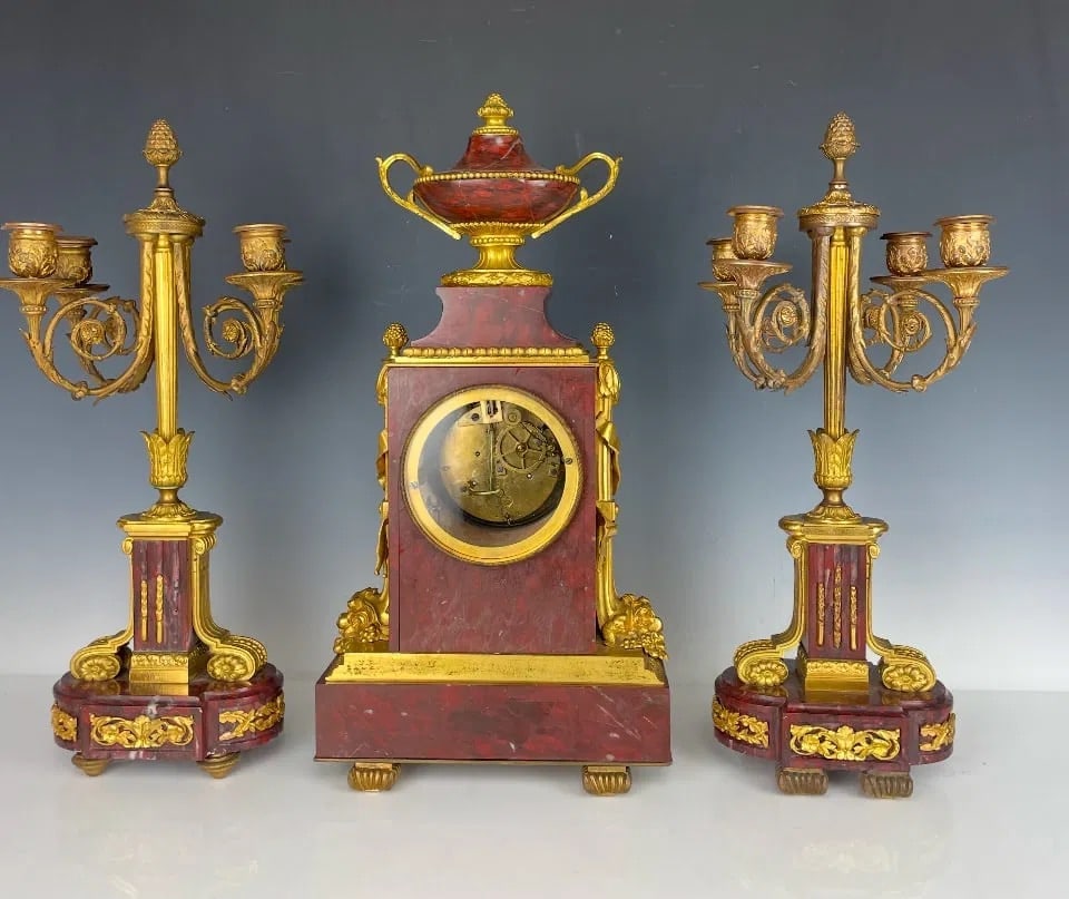 19TH C. ORMOLU AND ROUGE MARBLE CLOCK SET - 3