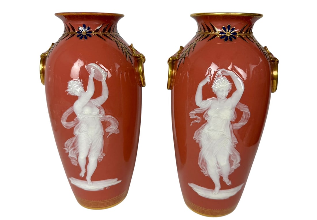 A PAIR OF MINTO PATE SUR PATE VASES: Circa 1900. Both bear initials of maker. Estimate $25000-30000
