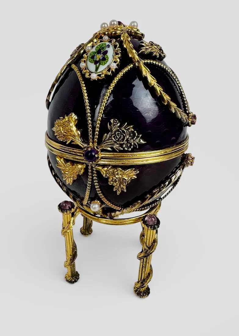 IMPERIAL FABERGE STERLING SILVER ENAMEL EGG: With original presentation box. Estimate $2000-2500