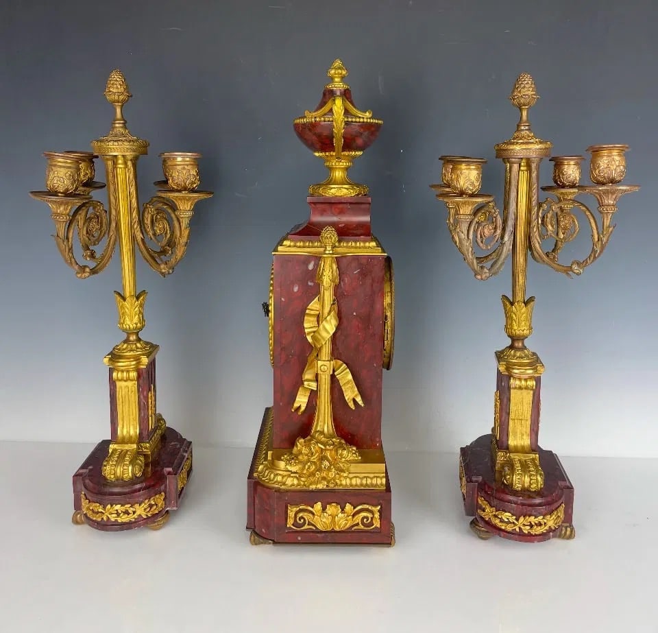 19TH C. ORMOLU AND ROUGE MARBLE CLOCK SET - 2