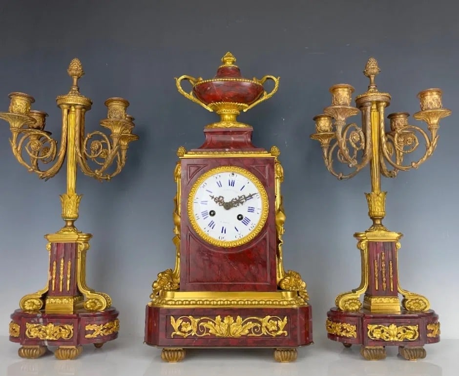 19TH C. ORMOLU AND ROUGE MARBLE CLOCK SET - 4