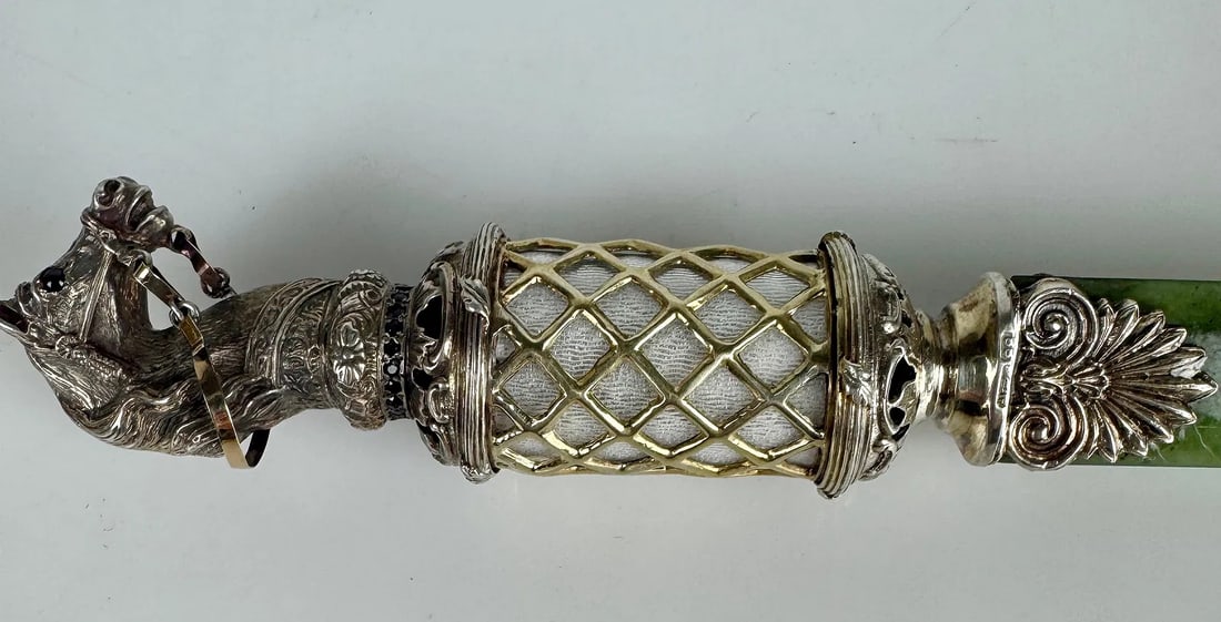 FABERGE STYLE SILVER GILT, ENAMEL AND NEPHRITE LETTER OPENER - 2