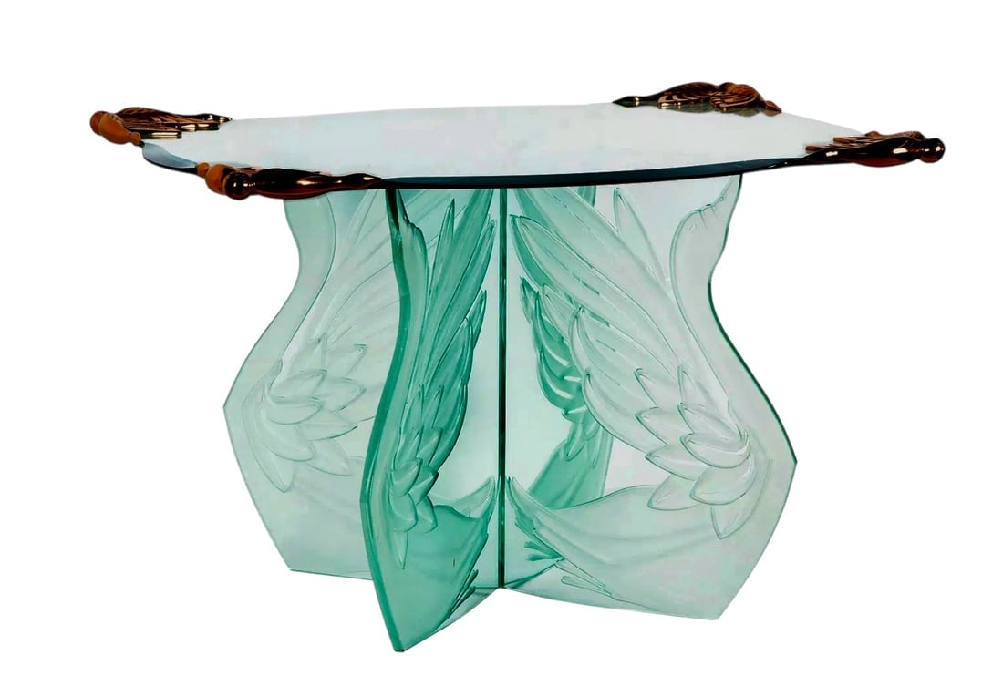 LALIQUE STYLE SWAN CRYSTAL TABLE: Cut glass with gilt swan corners 21 x 32 x 22 in. (53.3 x 81.3 x 55.9 cm.). Estimate $2000-2500