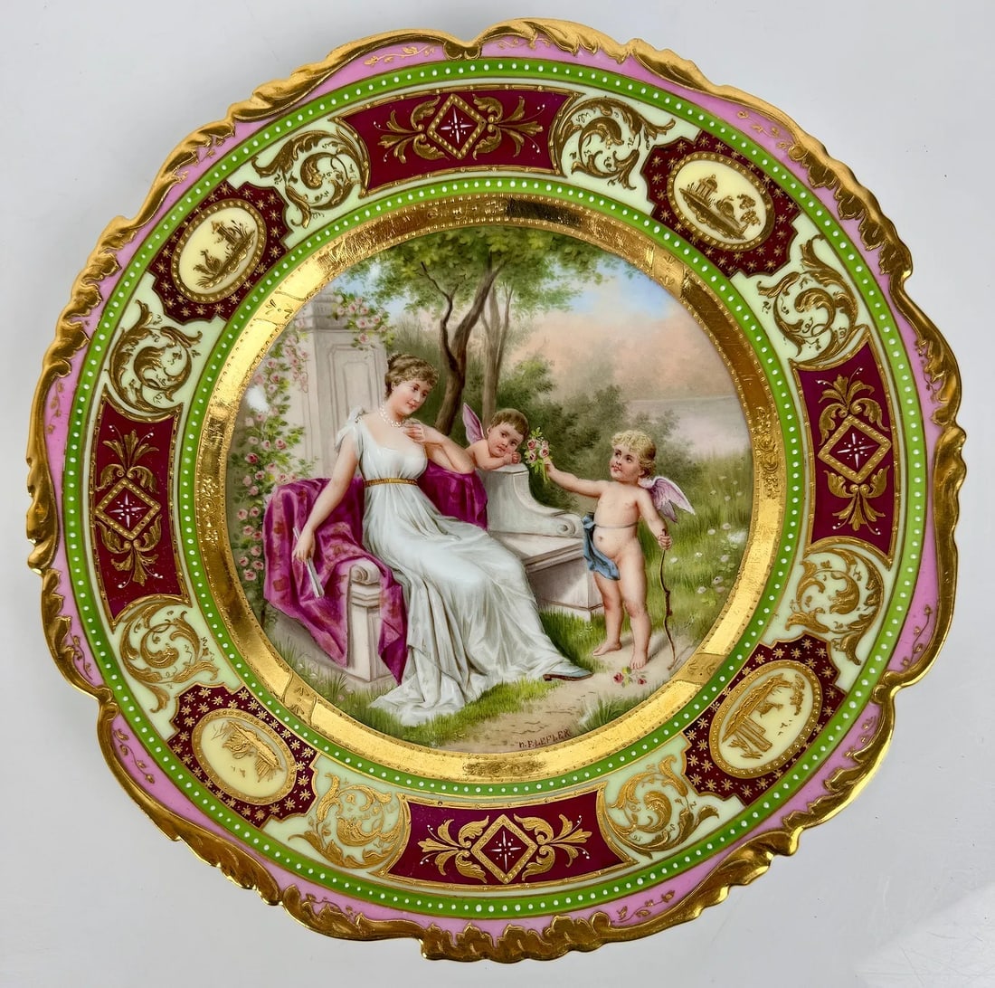 ROYAL VIENNA PLATE: CIRCA 1900. Artist signed. Measures 10 inches d. In good condition, no damage detected.Estimate $800-1000
