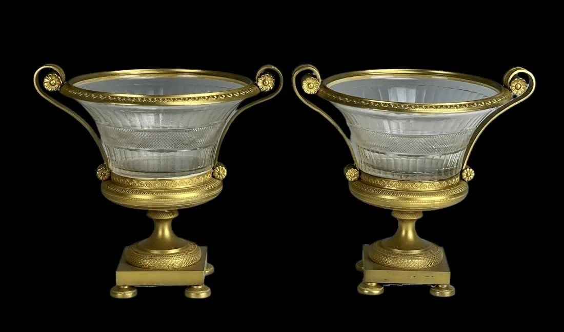 A PAIR OF EMPIRE STYLE DORE BRONZE AND BACCARAT CRYSTAL BOWLS: Circa 1900. Measure 8.5 inches tall. In good antique condition. Estimate $2.000-2.500