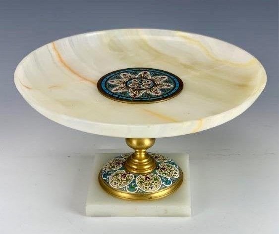 19TH C. FRENCH CHAMPLEVE ENAMEL AND ONYX CENTERPIECE: Measures 11inchesD, 6inches H., 4.8inchesx4.8inches base. Excellent condition. Estimate $1200-1.500