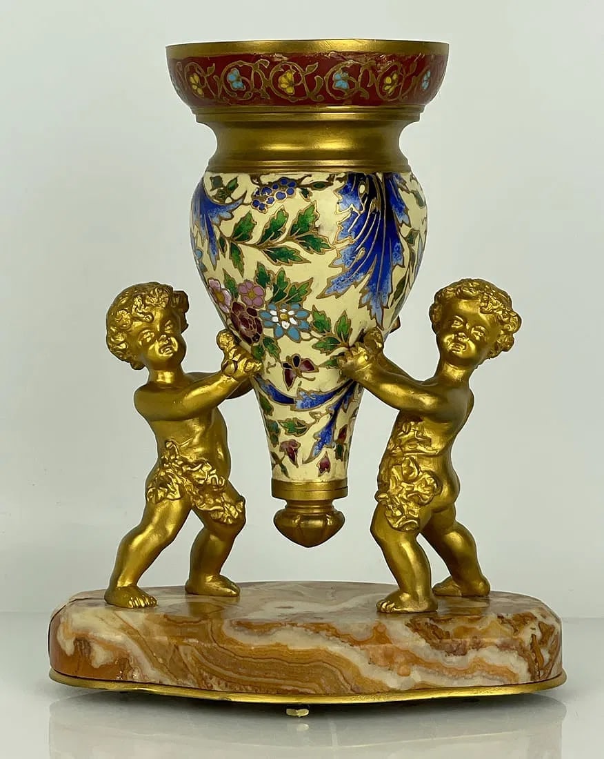 19TH C. FRENCH CHAMPLEVE ENAMEL & MARBLE VASE: Measures 6 inches h. In good condition. Estimate $500-600