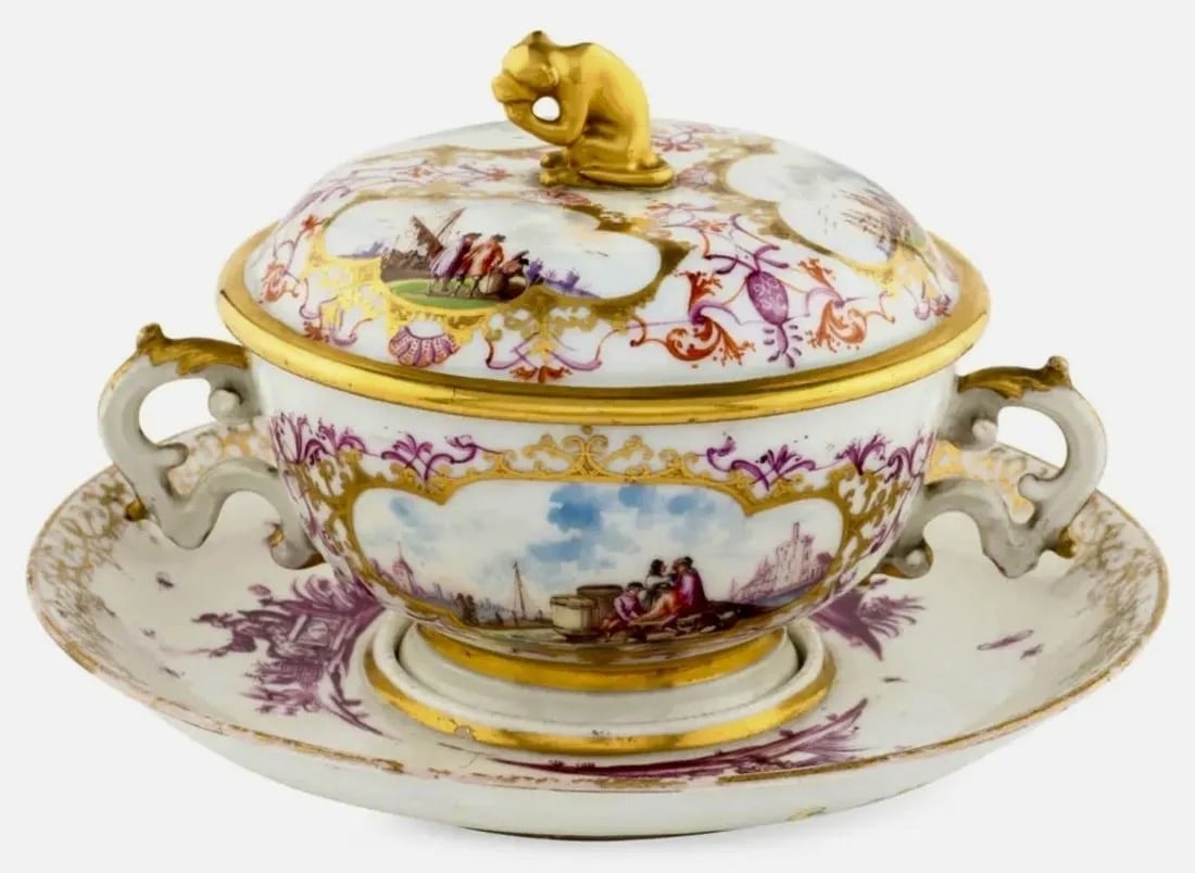 18TH C. MEISSEN ECUELLE HARBOUR SCENE: A Meissen Porcelain Covered Bowl (Ecuelle) and Meissen StandFirst Half 18th Centurythe bowl and cover decorated with cartouche harbor or merchant navy scenes in the manner of Herold, the stand decorat