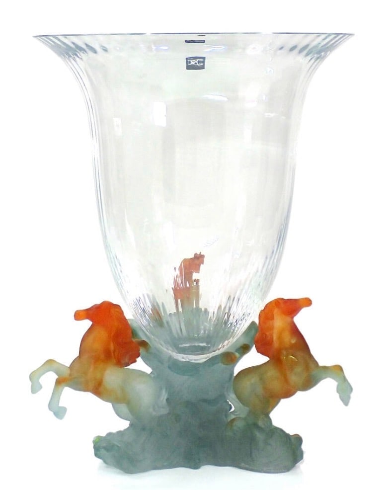 DAUM PATE DE VERRE LES CHEVAUX DE MARLY VASE: Daum Les Chevaux de Marly Vase, in blue to amber pate de verre with a large clear bowl set atop. Marked in acid etch to the underside of the base, "Daum France". Measures 14.5"H x 10.5" Dia., in good