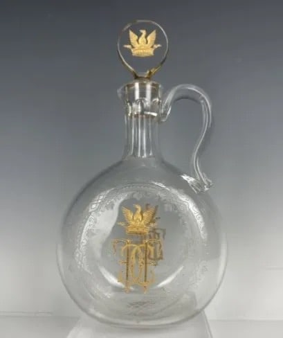 19TH C. GILT ETCHED BACCARAT GLASS DECANTER AND TOP: Circa 1880. Measures 9 inches tall. In good antique condition. Estimate $400-600