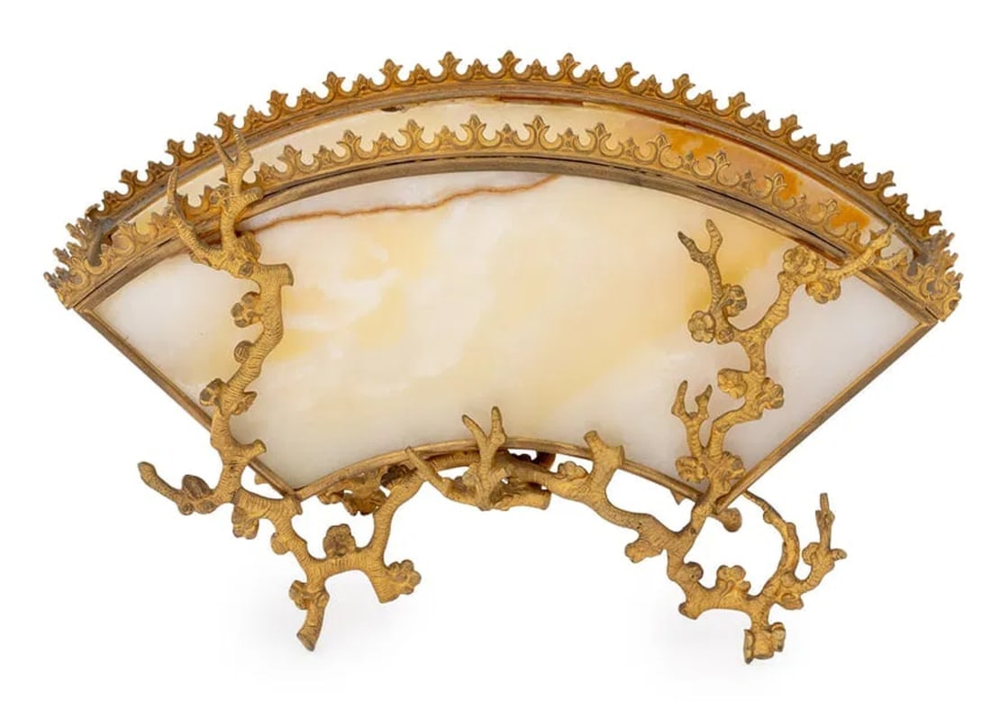 19TH C. FRENCH JAPONAISE ORMOLU AND ONYX VASE: French Japonaise Gilt Bronze and Onyx Fan Form Vase, with naturalistic cherry blossom motif base. 7.5" H x 12" W x 4.5" D. In good condition. Estimate $1000-1200