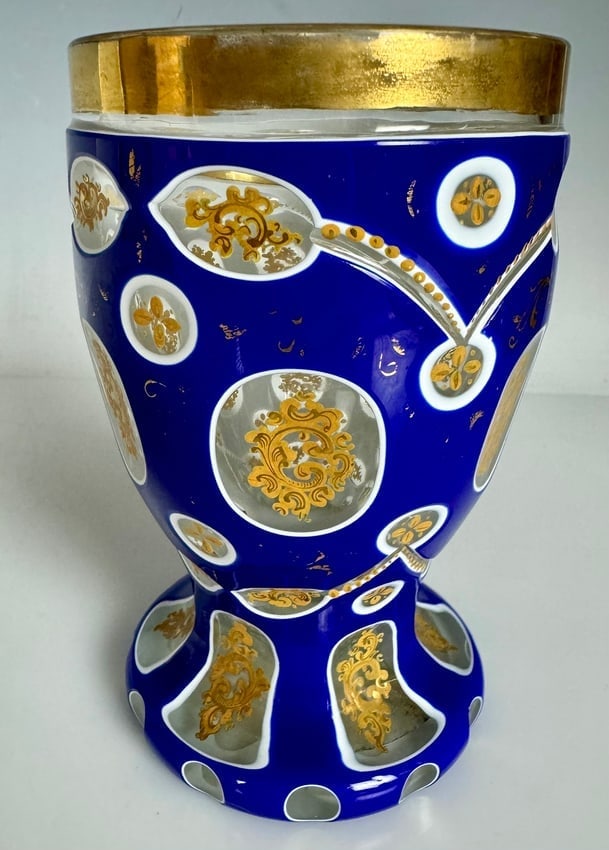 19TH C. ENAMELLED AND GILT MOSER BEAKER: Measures 6 inches h. In good condition. Estimate $600-800