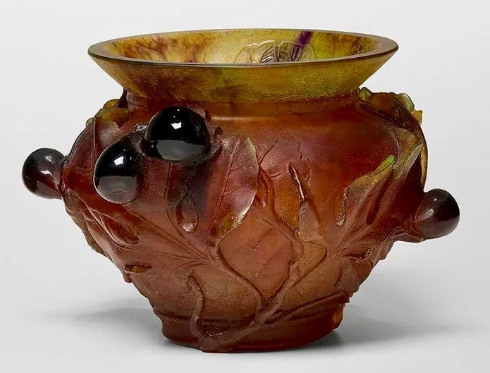 DAUM PATE DE VERRE FIGS BOWL: Signed Daum France. Measures 10 inches D., 8 inches H. In original presentation box. In excellent condition.Estimate $2000-2500