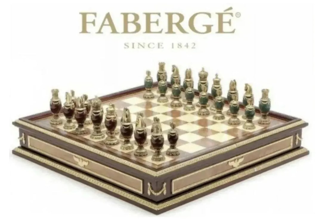 IMPERIAL FABERGE CHESS SET: In original presentation box. Overall good used condition. Estimate $1500-2000