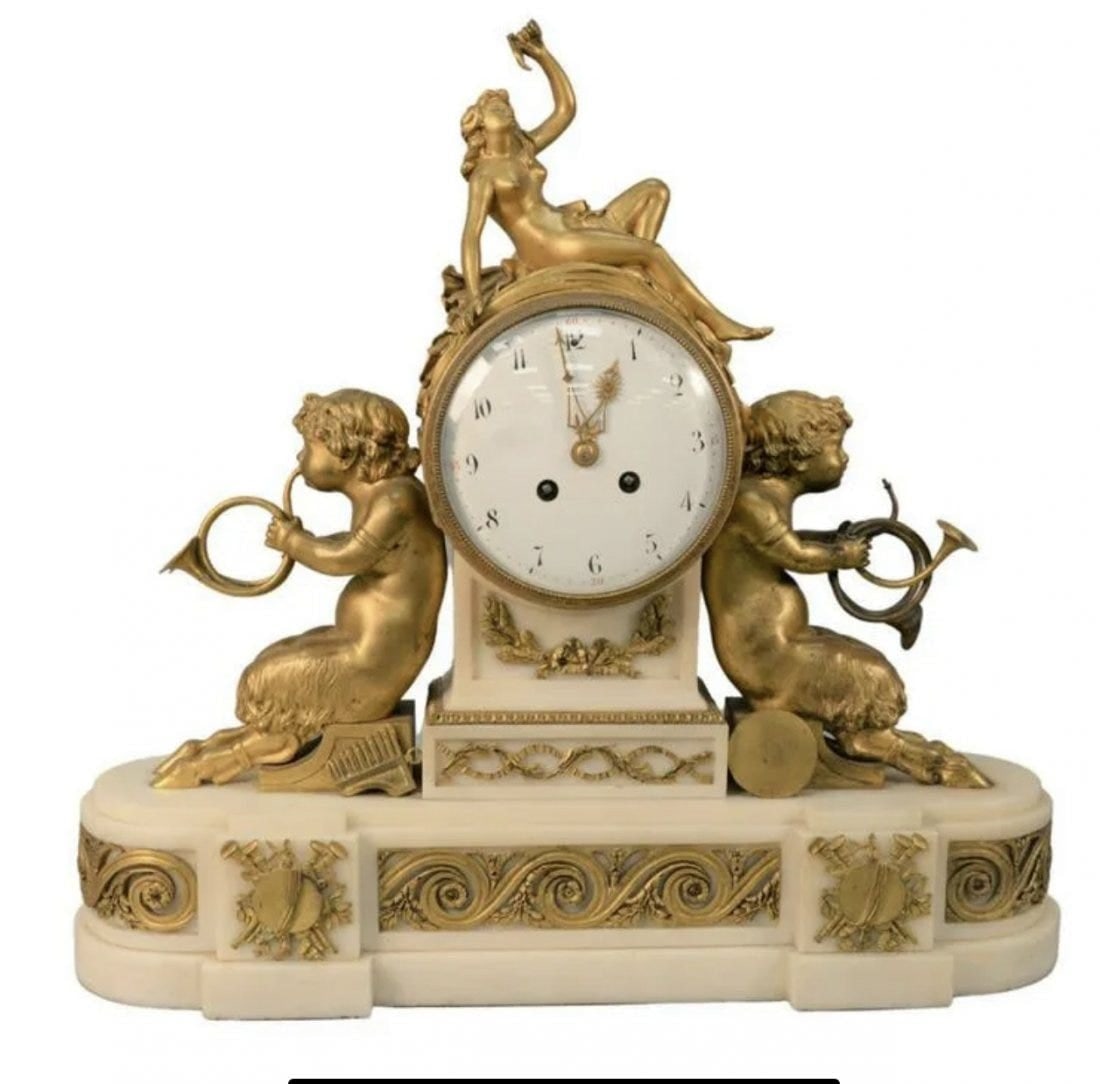 19TH C. FRENCH BRONZE AND MARBLE CLOCK: Measures 19 inches high, 19 inches long. Estimate $3.000-4.000