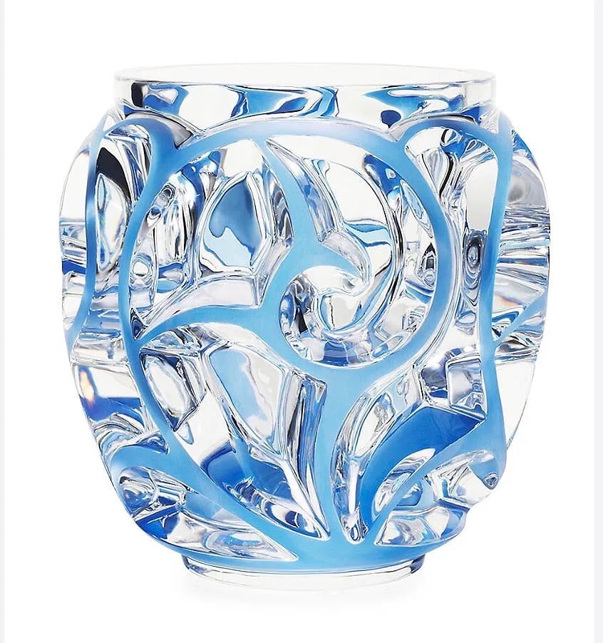 A LARGE LALIQUE TOURBILLONS VASE BLUE: Presenting this large "TOURBILLON" Lalique vase in blue enameled and polished clear crystal. This extraordinary example dates from about 2010 and was originally designed by Rene Lalique in the 1930s.