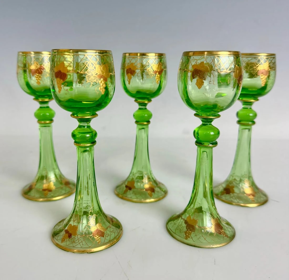 SET OF 5 ENAMELED MOSER GLASSES: Circa 1900. Measure 4.5 inches high. In good condition. Estimate $300-400