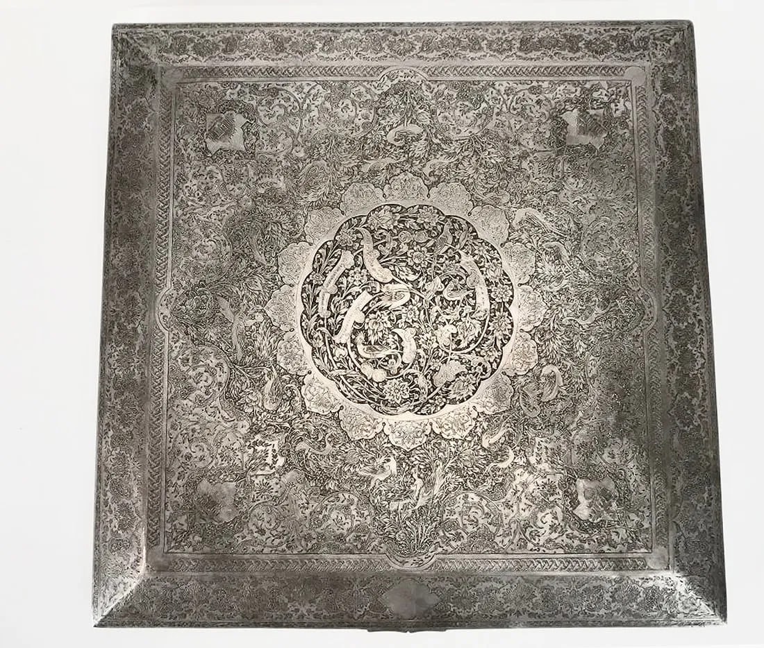 A VERY LARGE PERSIAN STERLING SILVER BOX CIRCA 1950: Marked 90 and artist signed. Measures 14.5" x 14.5". Weighs 3100 Grams ,excellent condition. Estimate $9000-10000
