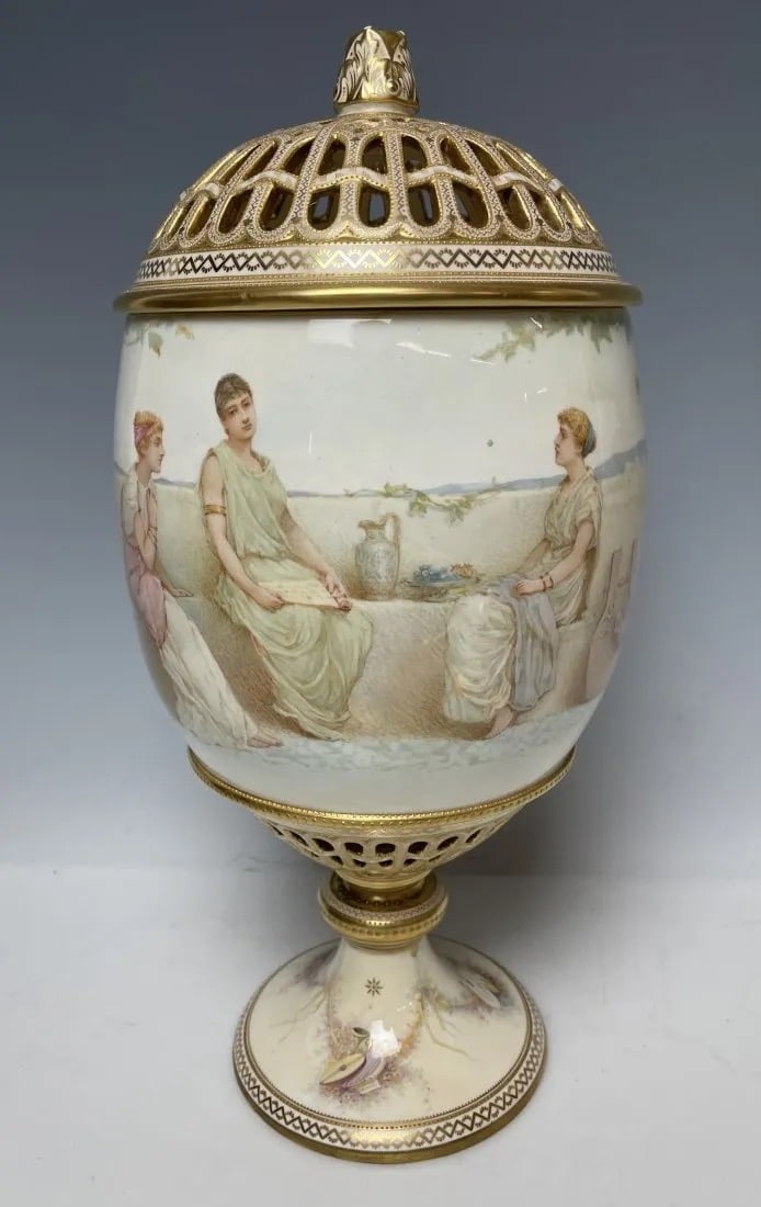 AN EXHIBITION QUALITY RETICULATED COPELAND PORCELAIN VASE: Circa 1900. Measures 15 inches tall. In good condition, no cracks, no restoration. Signed SA , and bears Exhibited in 1893 in Chicago exhibition. Estimate $2.000-3.000