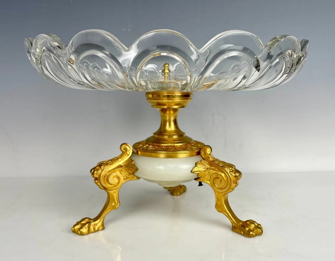 ORMOLU AND ALABASTER BACCARAT MOUNTED DISH: Circa 1900. Measures 6 inches h., 10 inches d. Of baccarat top. In excellent condition. Estimate $800-1000