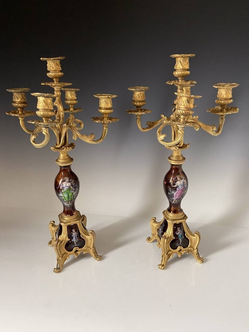 A LARGE PAIR OF FRENCH LIMOGES ENAMEL CANDELABRA: Circa 1900. Measure 24 inches high. Estimate $2.000-2.500