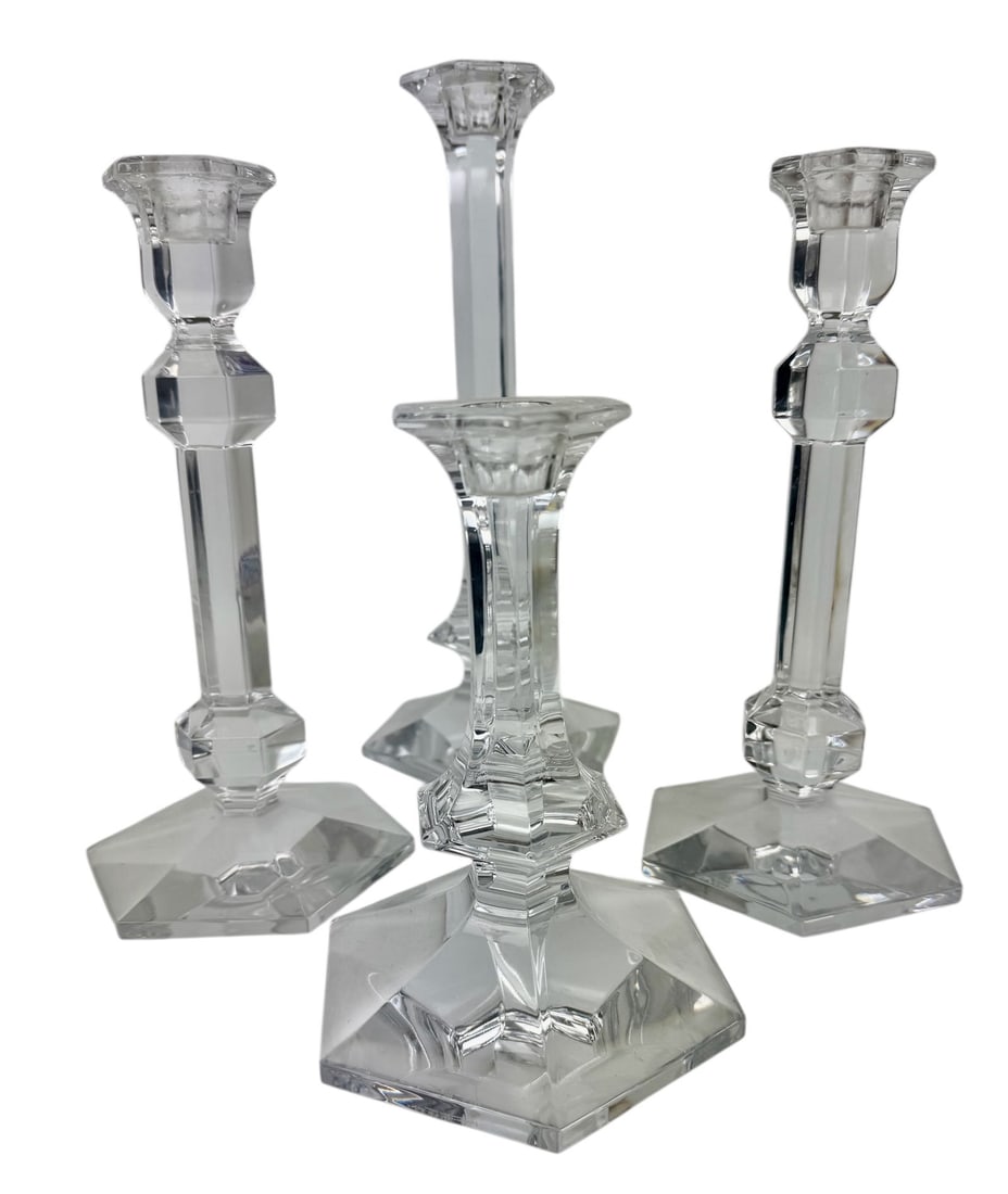 SET OF 4 VAL ST LAMERT CRYSTAL CANDELHOLDER: Comprising of a pair 9 inches h. And tallest 11 inches h. In good condition. Estimate $400-500