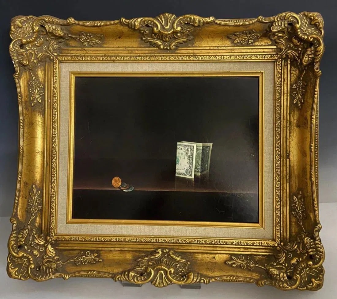 TAIMUR AMIRI PAINTED LITHOGRAPH: The Dollar bill , one of the most important paintings by Timur Amiri. Measures 21.5 x 18.5 inches framed , 13.25 x 11 unframed. Estimate $1.000-1.200