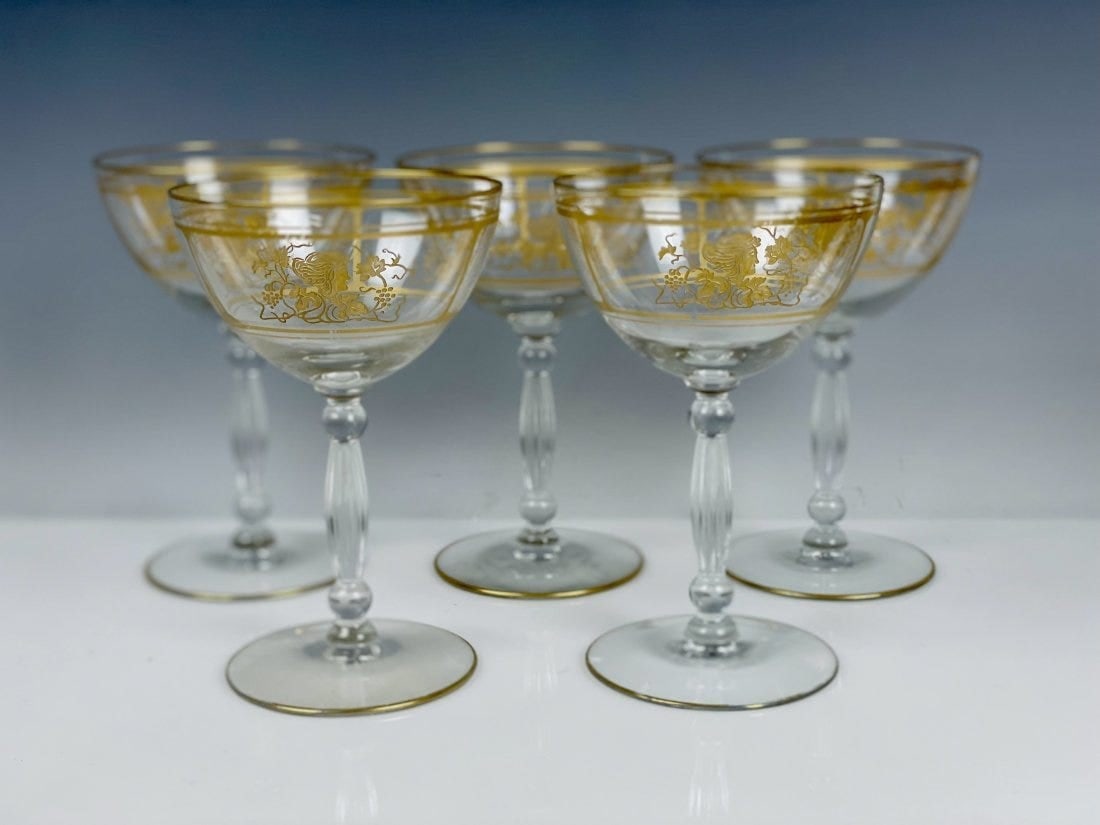 SET OF 5 GILT MOSER WINE GLASSES: Circa 1900. Measure 6 inches tall. In good used condition, minor gilt loss. Estimate $400-500