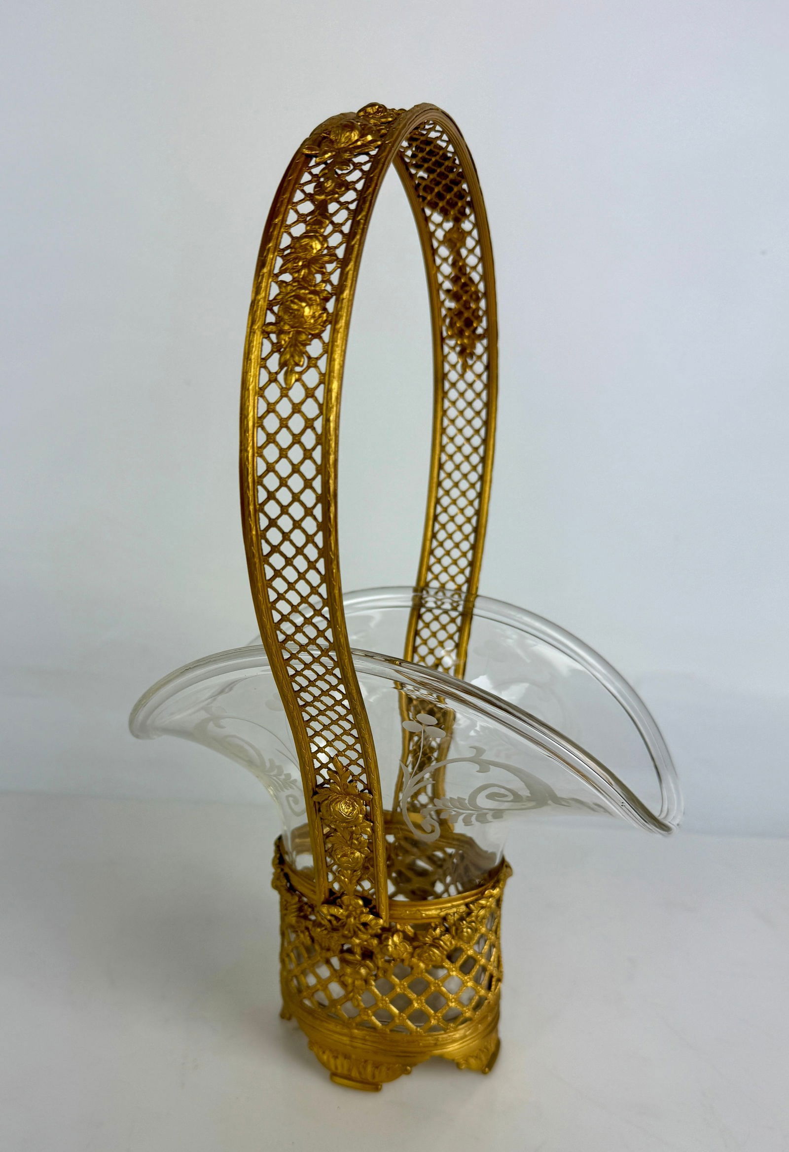 A LARGE ORMOLU AND ETCHED BACCARAT CRYSTAL BASKE: Circa 1900. Measures 10 inches tall. In excellent condition. Estimate $1200-1500