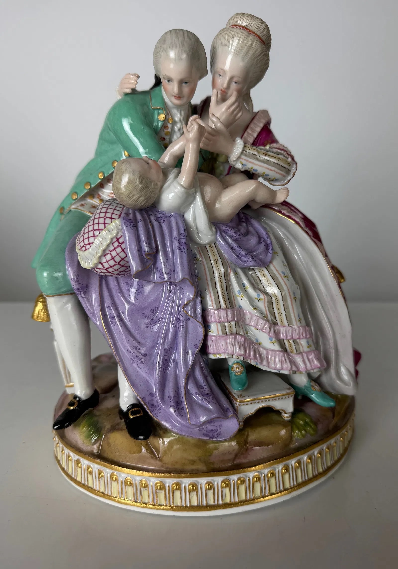 RARE MEISSEN GROUP DEPICTING THE GOOD PARENTS E81: Circa 1850 , The Lucky Parents Model E 81 The Happy Parents by Michel Victor Acier,Measures 9.8 inches high, 8 inches w. First quality , in excellent condition. Estimate $4000-5000