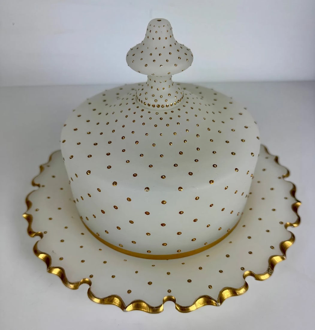 FRENCH OPALINE LIDED CAKE DISH: Circa 1900. Plate measures 9 inches d. In good condition. Estimate $400-500