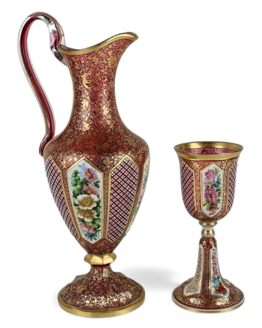 A FINE MOSER EWER AND GLASS: Circa 1880. EWER measures 14.5 inches high, goblet 7.5 inches. Both in mint condition.Estimate $3.000-4.000