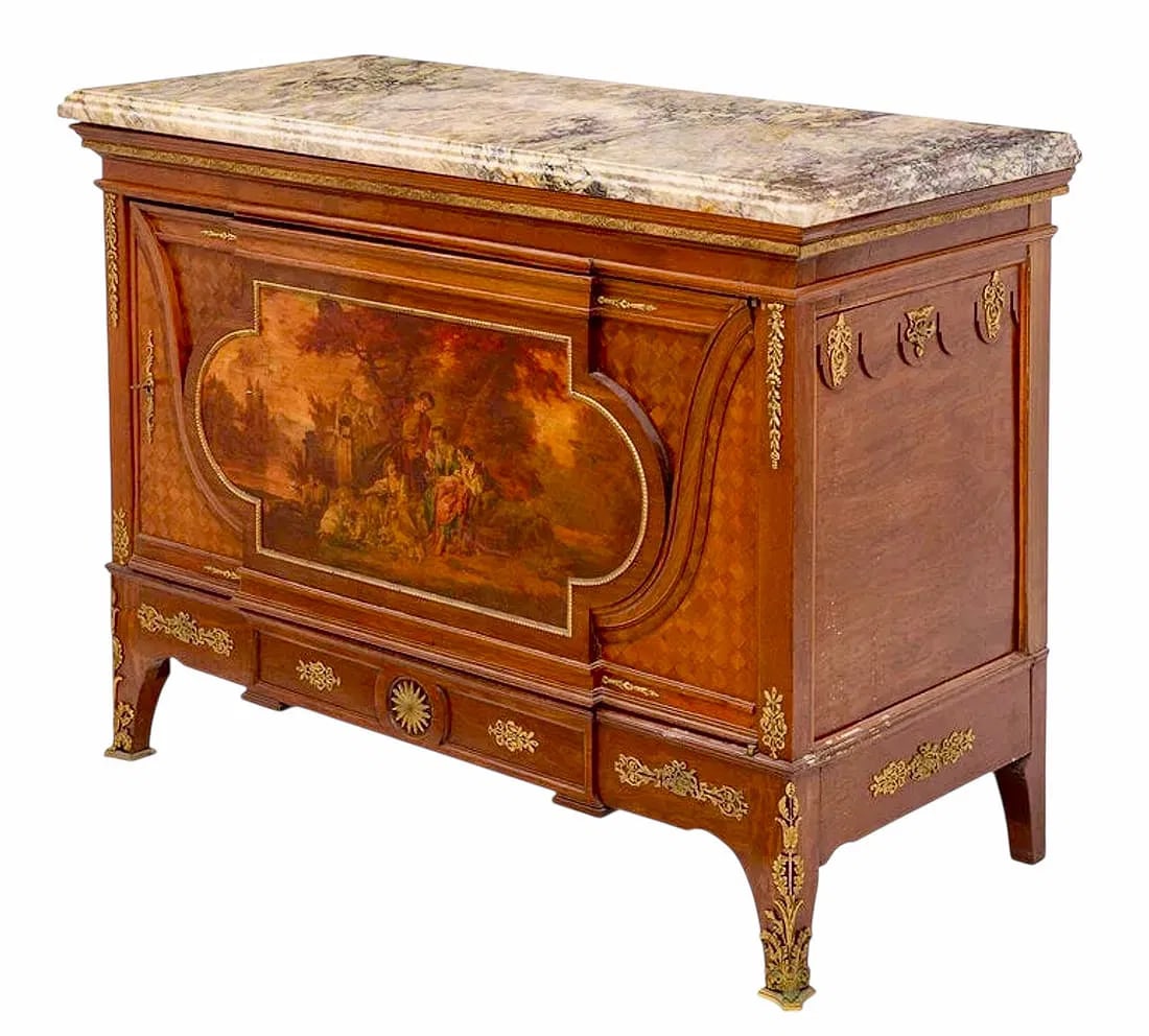 19TH C. ORMOLU MOUNTED VERNIS MARTIN COMMODE: Finely painted and mounted with very fine quality ormolu, with marble top . Dimensional: Height 37 1/2 x width 50 x depth 23 1/4 inches. In good antique conditionEstimate $5000-6000