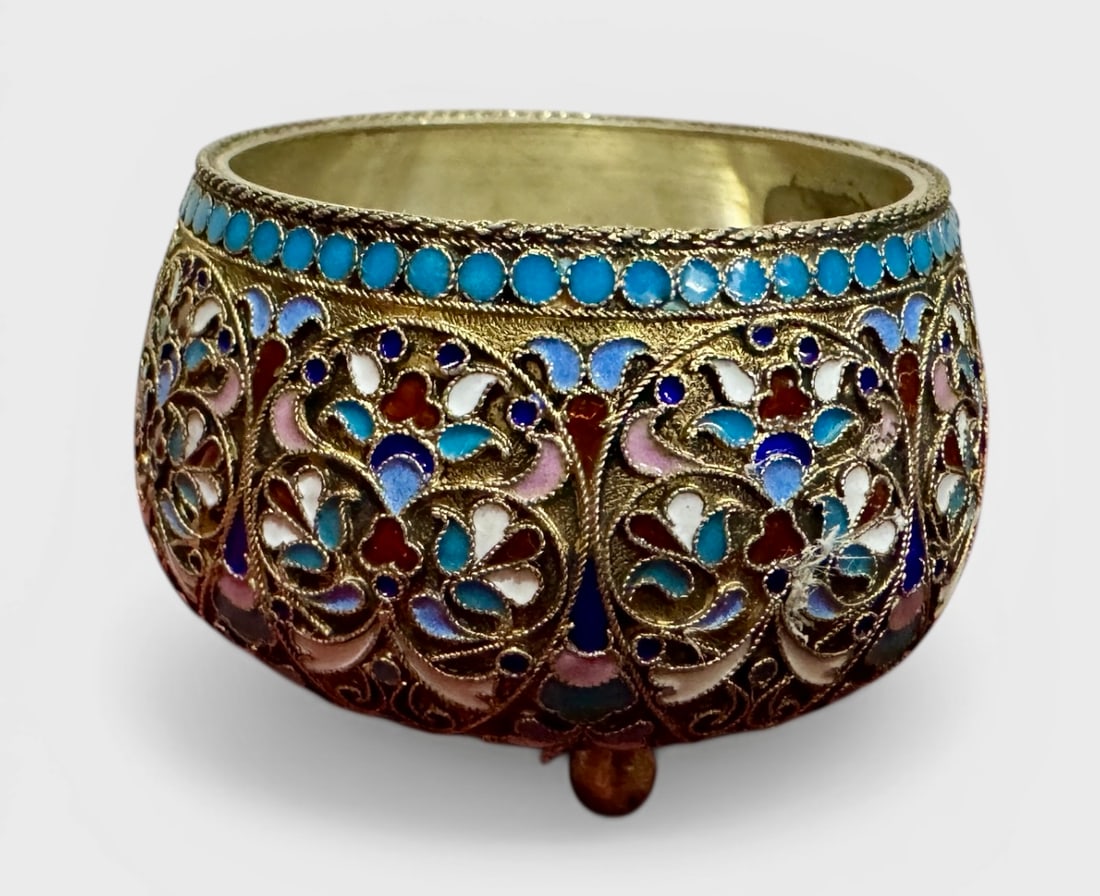 LARGE RUSSIAN SILVER ENAMEL SALT: Circa 1890. Measures 2” d. , stamped 84 plus makers initials in crylic. Estimate $300-400