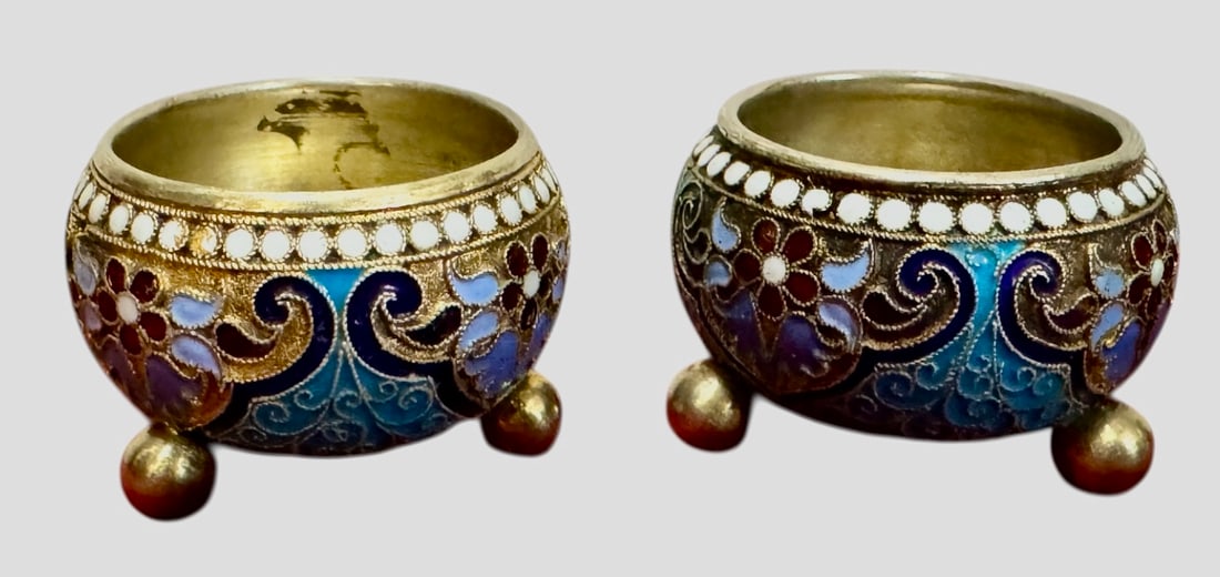 PAIR OF RUSSIAN SILVER ENAMEL SALTS: Circa 1891 , stamped 84 plus makers initials in crylic. Estimate $300-400