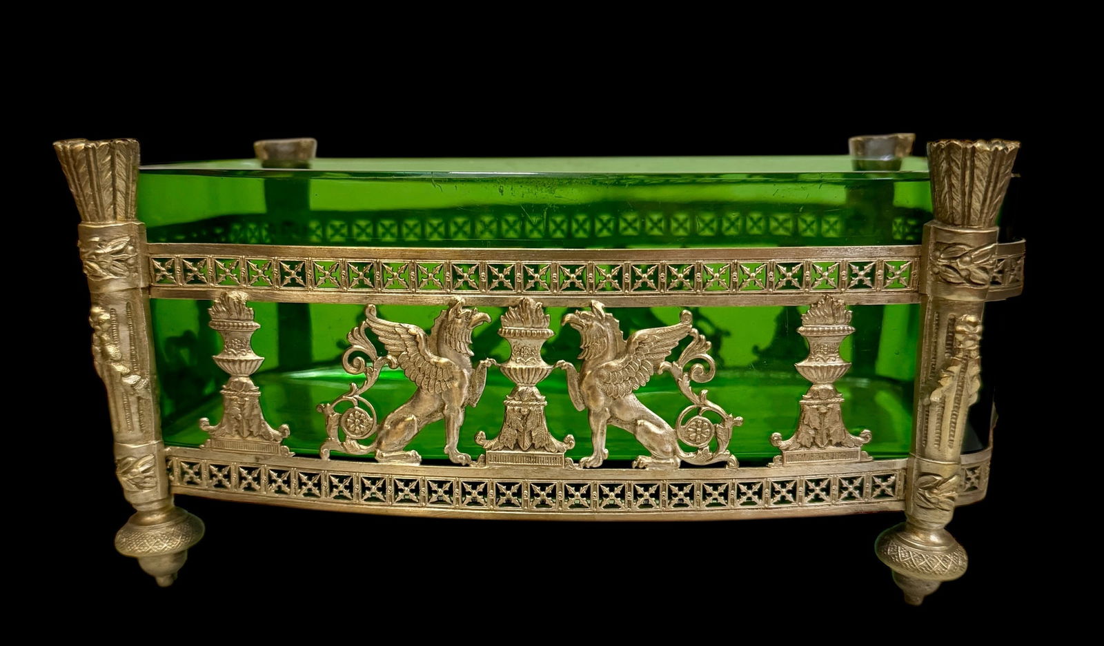 ORMOLU MOUNTED EMERALD COLOR BACCARAT CRYSTAL CENTERPIECE: Circa 1900. Dimensions 8”x. 4.5”x3.5” h. In excellent condition. Estimate $1200-1500