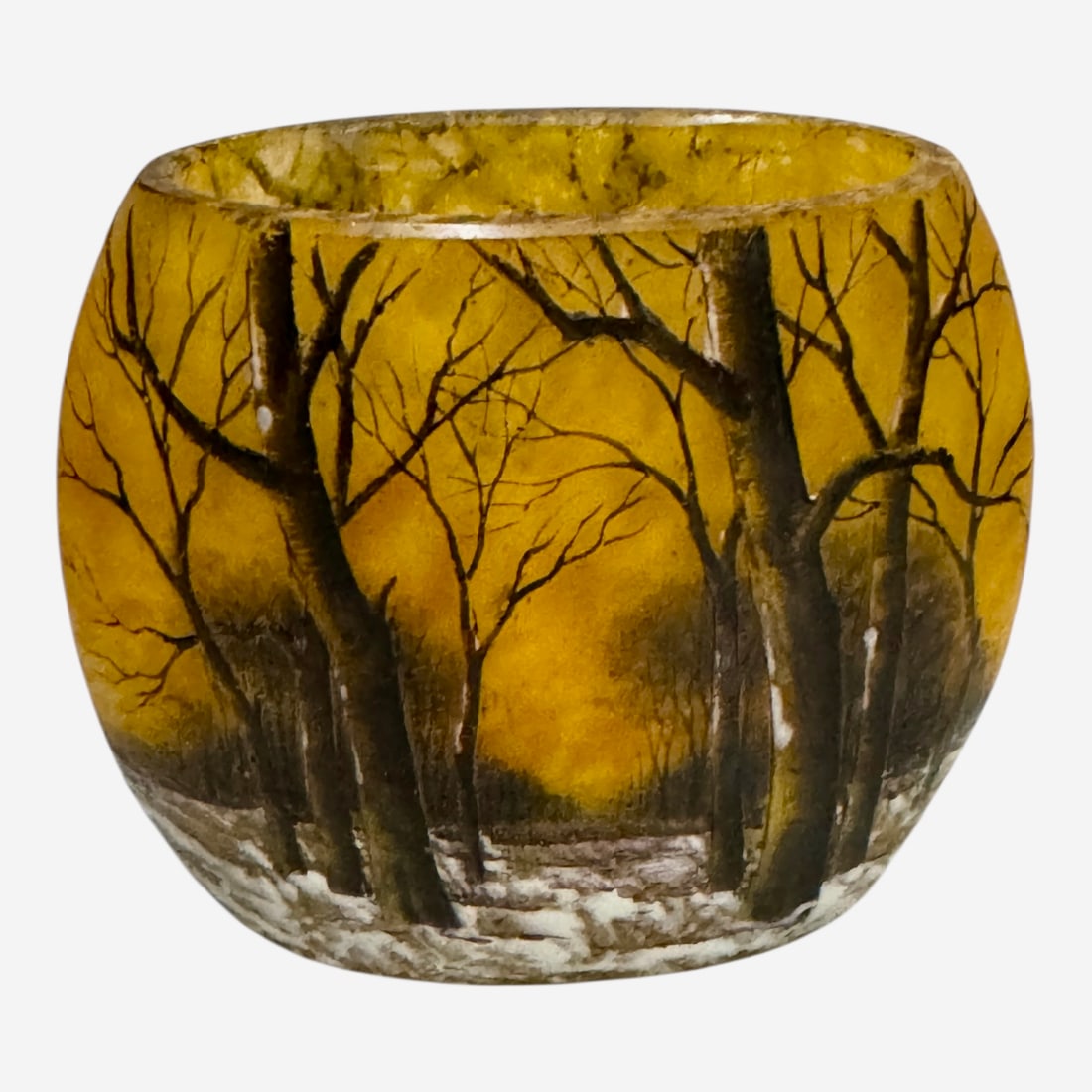 DAUM NANCY WINTER SCENE VASE: Circa 1900.measures 3.5” h. In excellent condition. Estimate $2500-3000