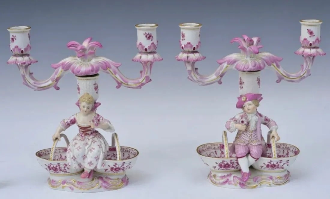 A PAIR OF 19TH C. MEISSEN CANDEL HOLDERS: First quality cross swords marks. Measures 8.75 inches high. Good antique condition. Estimate $1.200-1.500