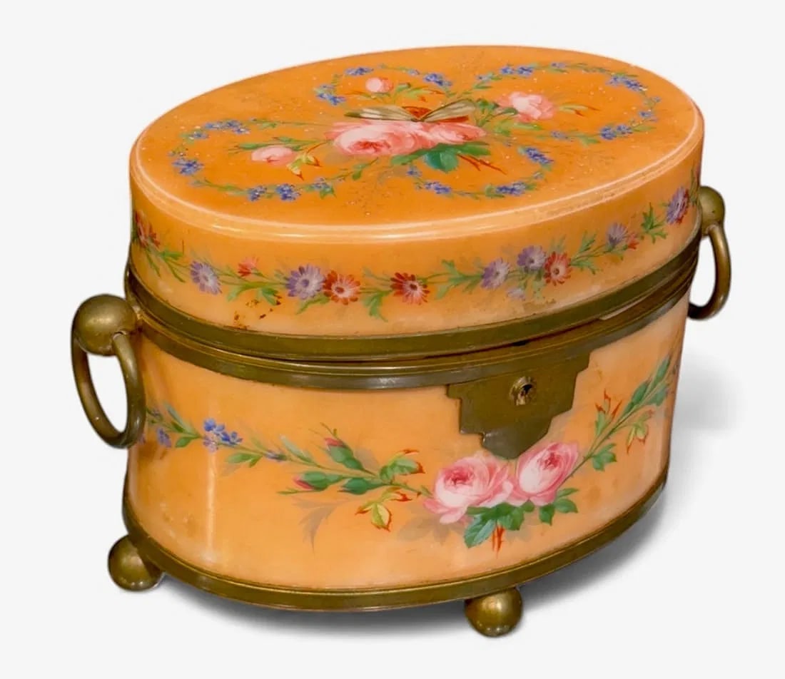 FRENCH ORMOLU MOUNTED OPALINE GLASS BOX: Circa 1900. Measures 7 inches x 4 inches x 6 inches h. In good condition. Estimate $1000-1200