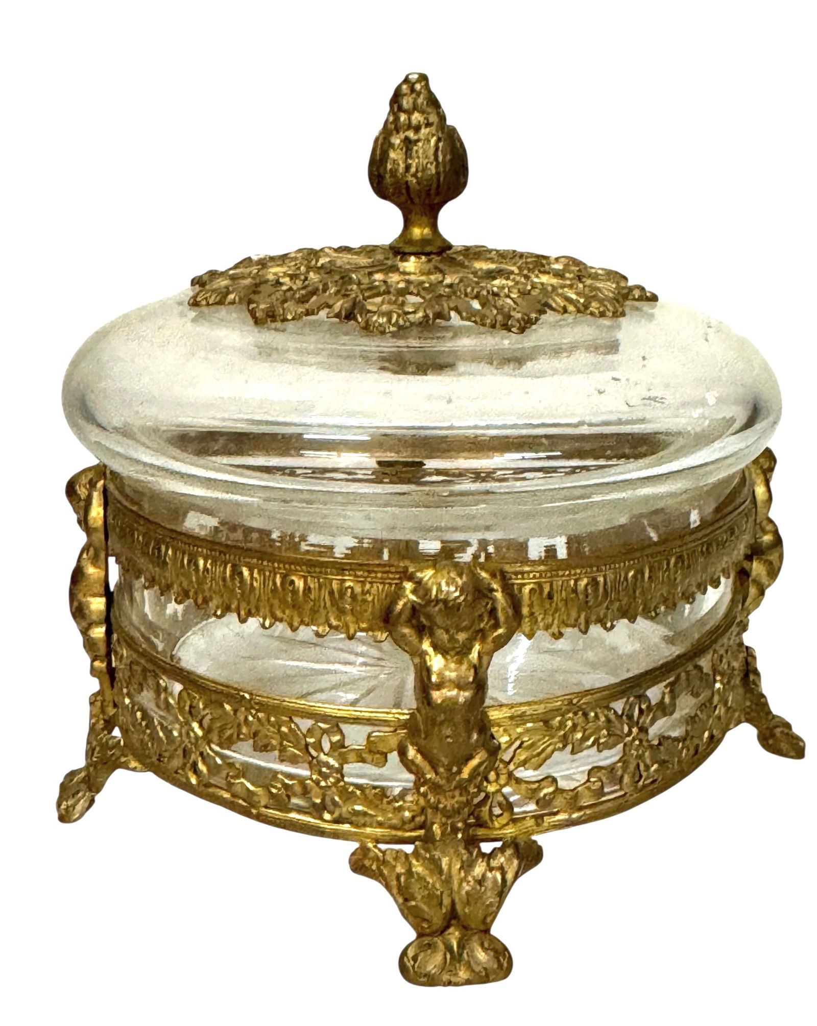 ORMOLU MOUNTED BACCARAT GLASS FIGURAL BOX: Circa 1920. Measures 3.5 inches h. In excellent condition. Estimate $800–1000