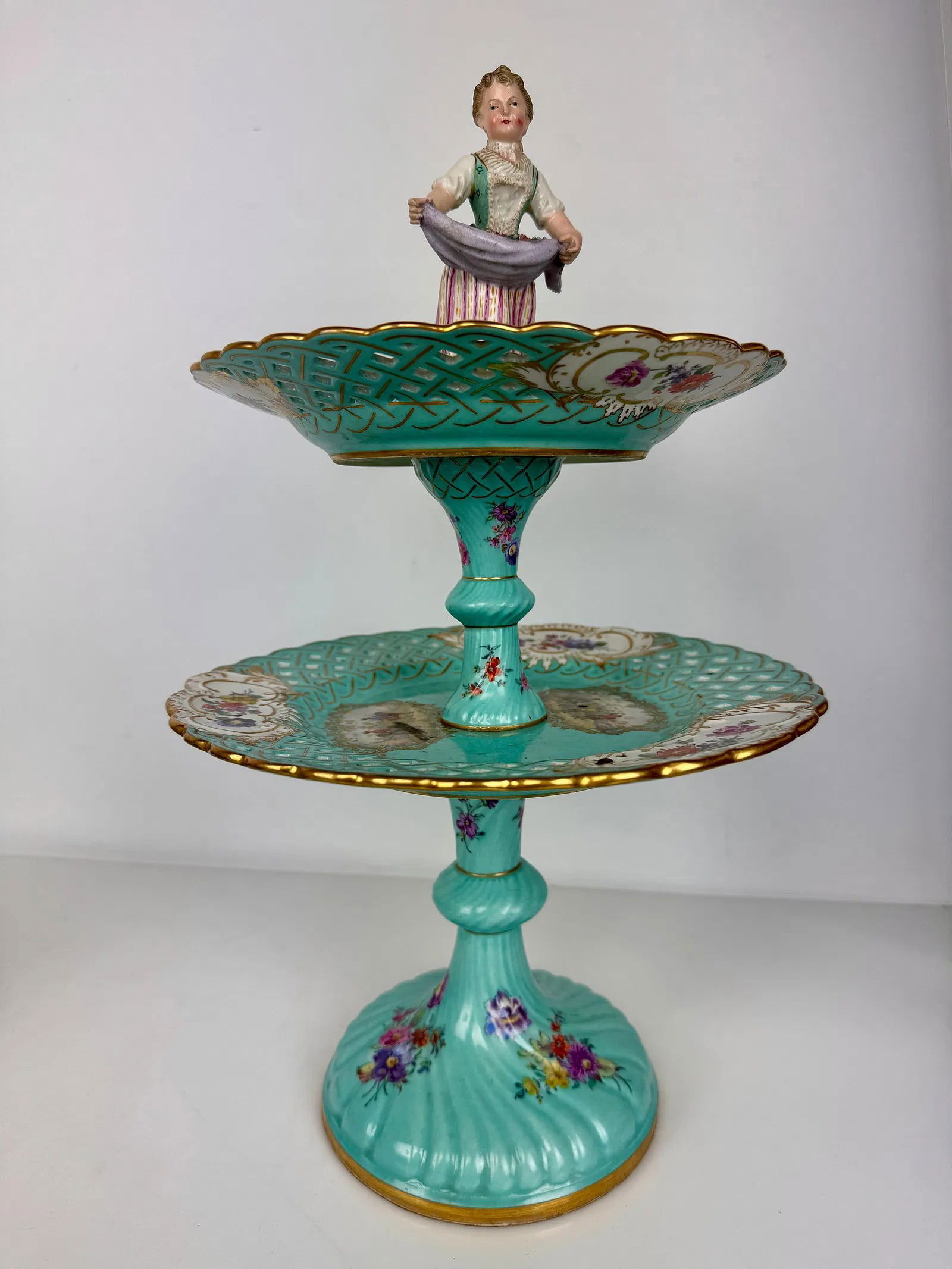 19TH C. MEISSEN 2 TIER CAKE STAND: Measures 16.5 inches high. In good condition. Estimate $1000-1200