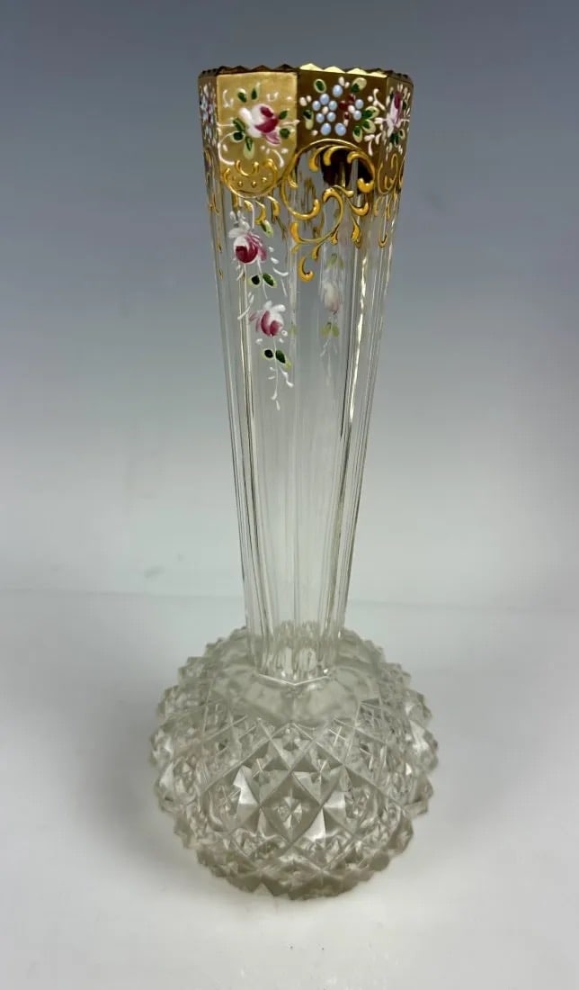 ENAMELLED AND GILT MOSER VASE: Circa 1900. Measures 7.5 inches high. In good antique condition. Estimate $400-500