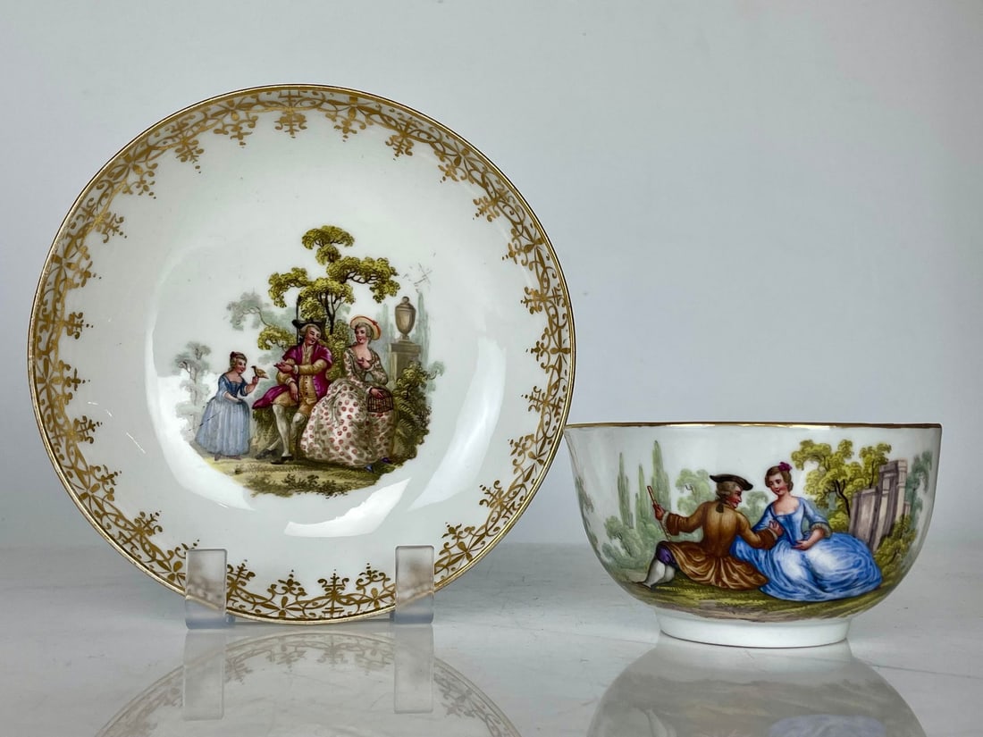 A LARGE 19TH C. MEISSEN CUP AND SAUCER: Saucer measures approx 7 inches d. In excellent condition. Estimate $600-800