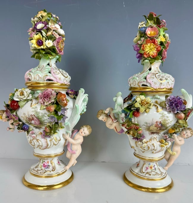 A PAIR OF 19TH C. FIGURAL MEISSEN VASE AND COVERS: Circa 1880. Measure 12 inches tall. In overall good condition. Estimate $4.000-5.000