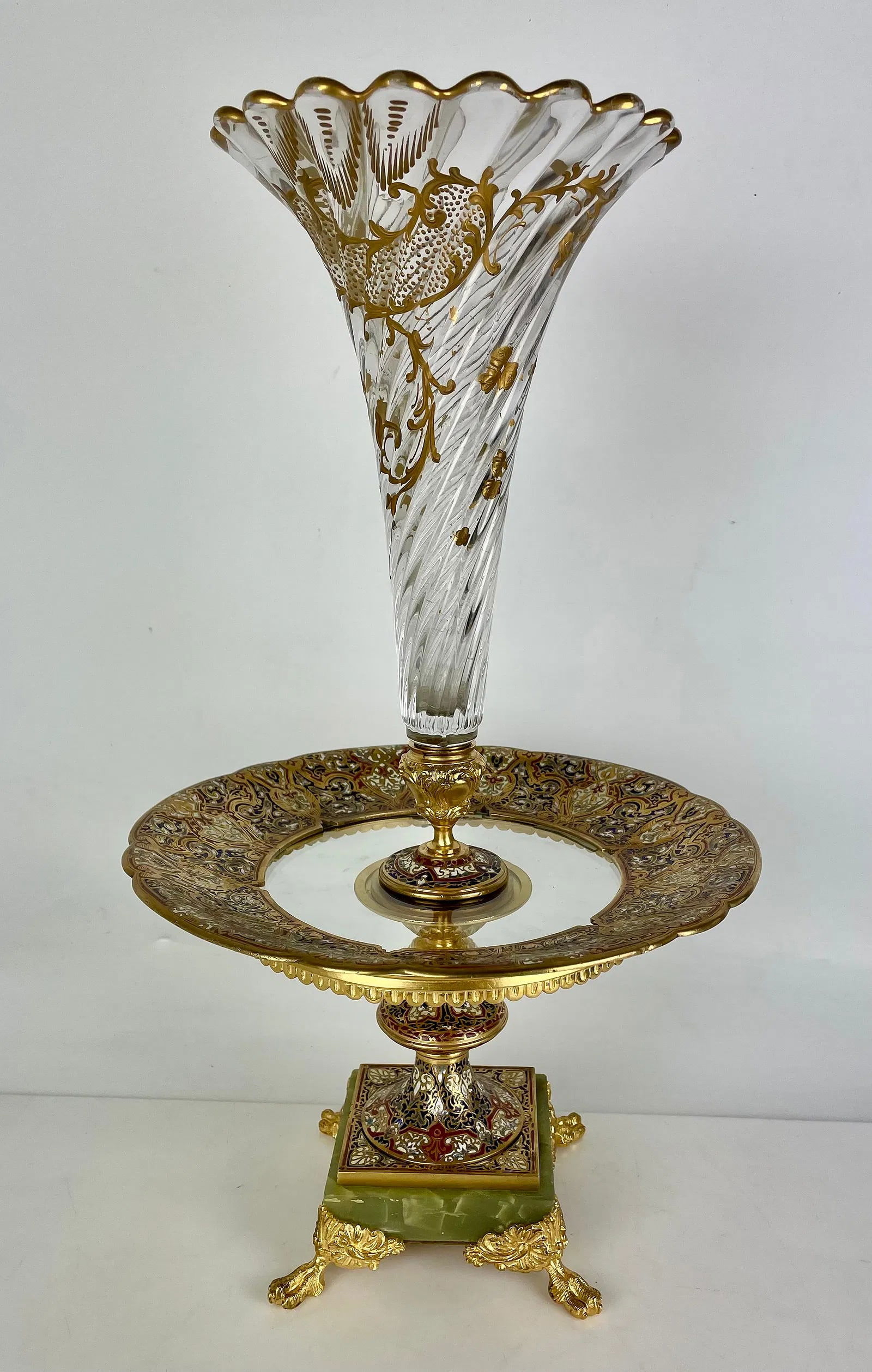 19TH C. FRENCH CHAMPLEVE ENAMEL AND BACCARAT CENTERPIECE: Measures 19 inches h. In excellent condition. Estimate $1500-2000
