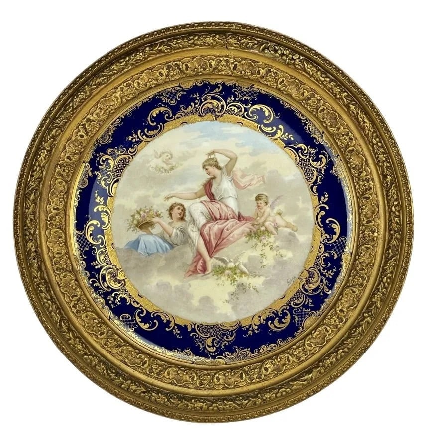 A LARGE ROYAL VIENNA STYLE PORCELAIN PLAQUE: Fabulous Late 19th century Large Framed Vienna Porcelain Plaque. Great colors! Signed on front as shown in photo and back as well. Size is 22inches total , porcelain is 16inches. Porcelain in great