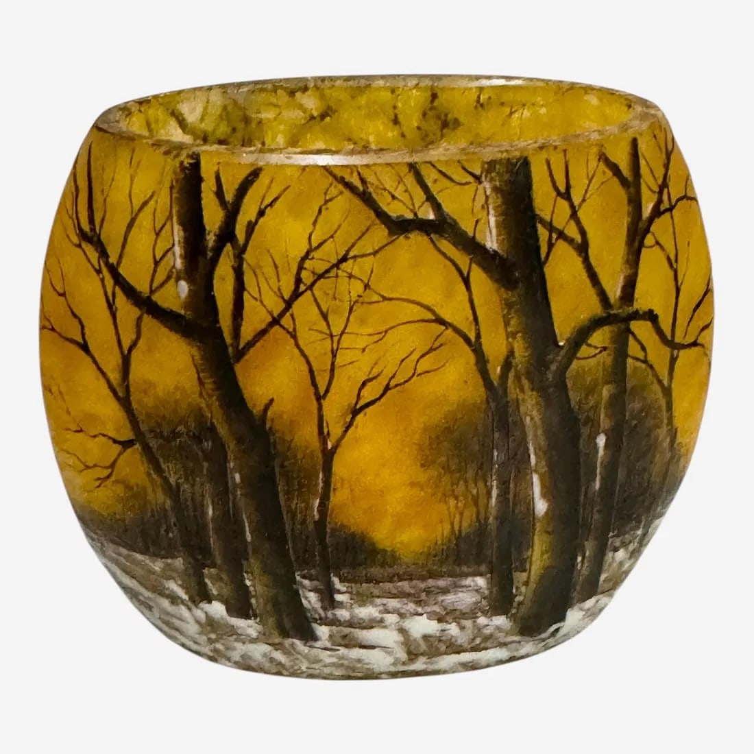 DAUM NANCY WINTER SCENE VASE: Circa 1900.measures 3.5 inches h. In excellent condition. Estimate $2500-3000