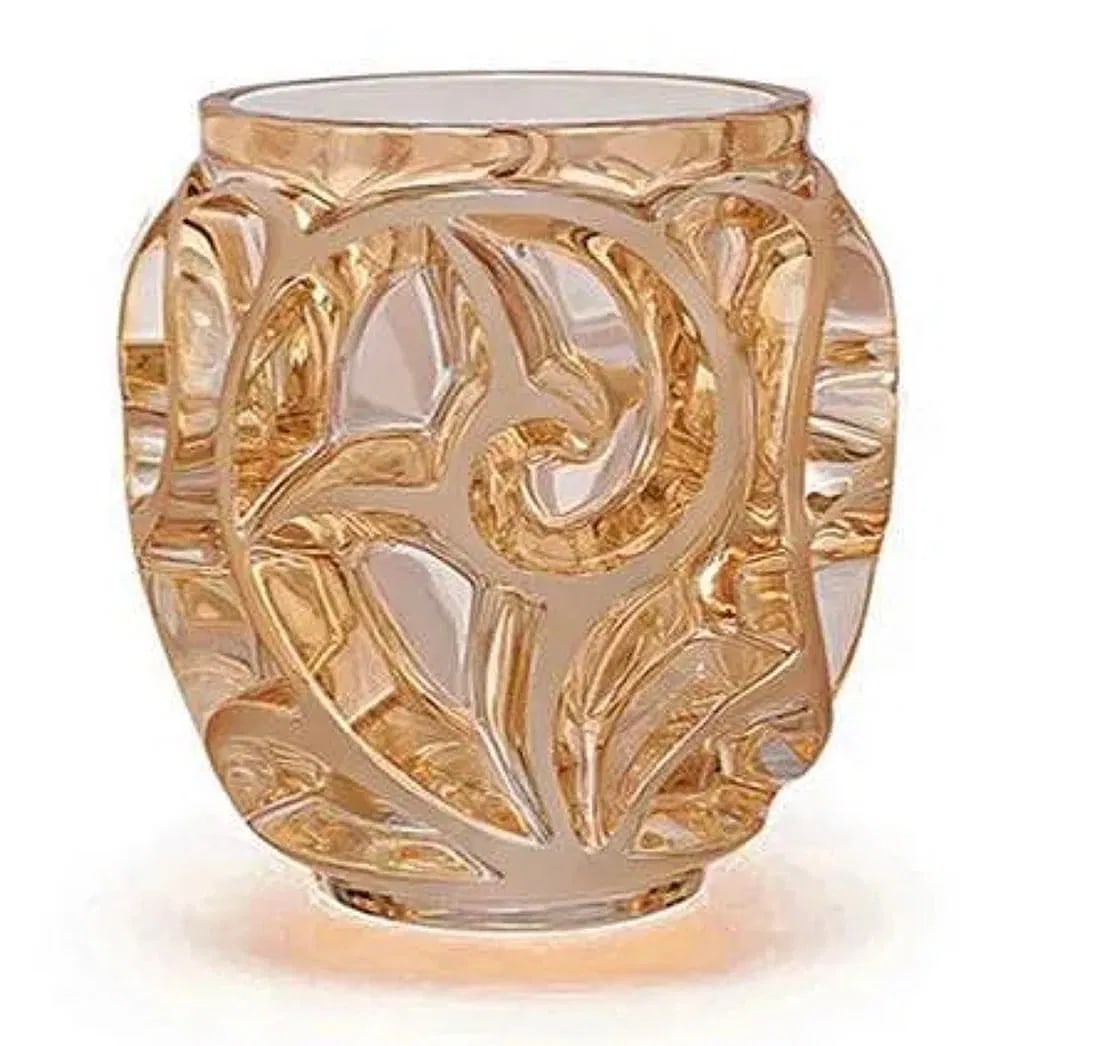 LALIQUE SMALL TOURBILLION VASE: Lalique Tourbillons Small Vase Gold Luster Crystal Ref. 10543800-Offical Lalique Gold Luster Crystal Dimensions: H 12.6 x D 12.2 cm . Estimate $2500-3000