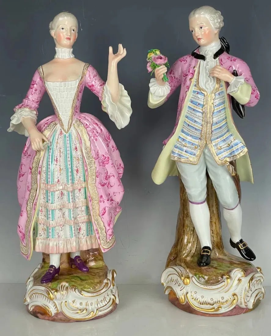 A LARGE PAIR OF MEISSEN NOBLEWOMAN AND MAN: Circa 1880. Measure 14 inches tall. Estimate $2000 3000